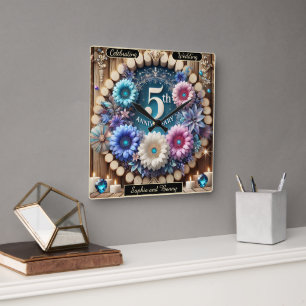 Rustic Elegance: 5th Anniversary Floral Tribute Square Wall Clock