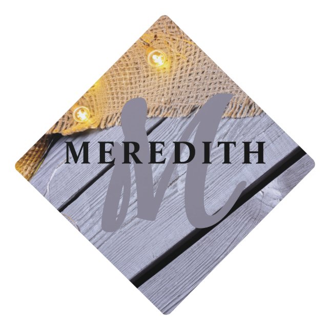 Rustic Elegance Barn Wood Burlap Name and Monogram Graduation Cap Topper (Front)