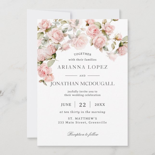 Rustic Elegance Blush Pink Roses Floral Wedding Invitation (Front)