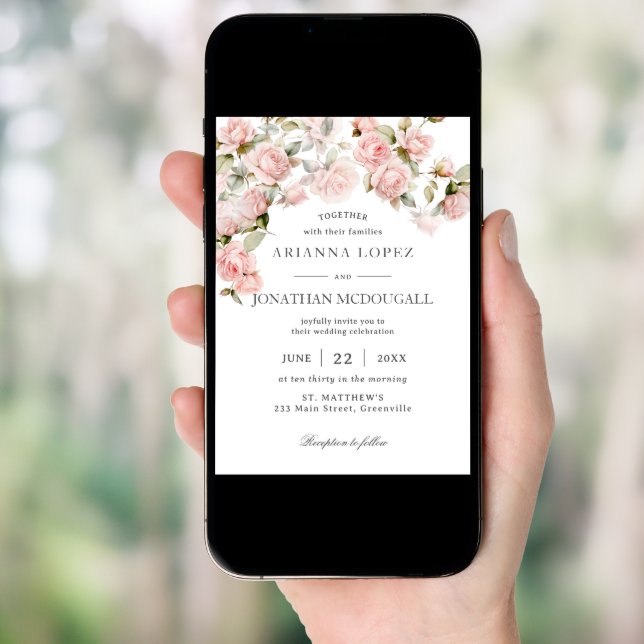 Rustic Elegance Blush Pink Roses Floral Wedding Invitation (Front Digital)