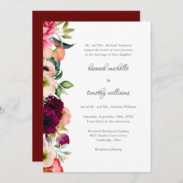 Rustic Elegance Boho Floral Watercolor Wedding Invitation (Front/Back)