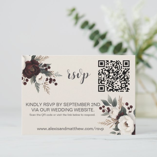 Rustic Elegance Burgundy & Cream Floral RSVP Card (Standing Front)