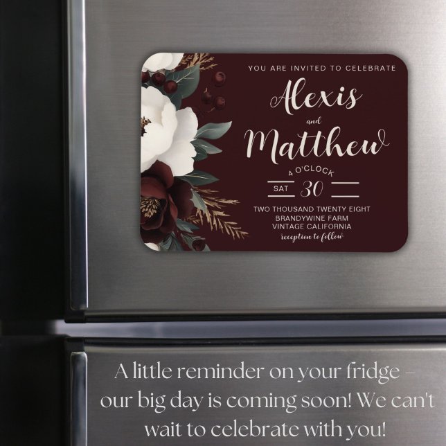 Rustic Elegance Burgundy Floral Wedding  Magnet (Rustic Burgundy Floral Wedding Magnet Invitation, Boho Chic, Elegant Winter Design)