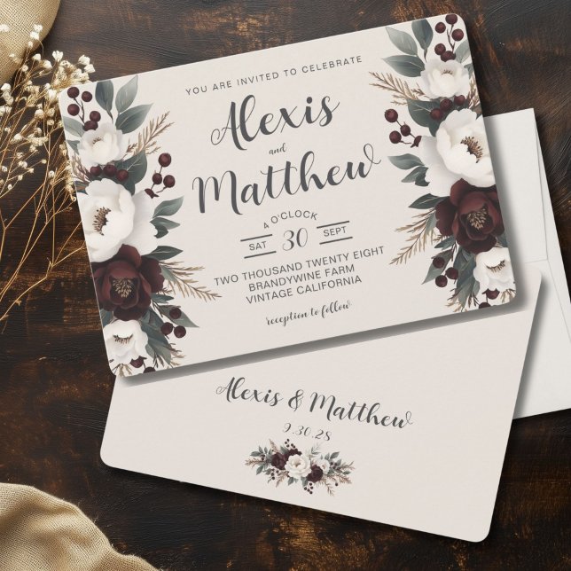 Rustic Elegance Creme & Burgundy Floral Wedding  Invitation (Boho Chic Floral Winter Wedding Invitation)