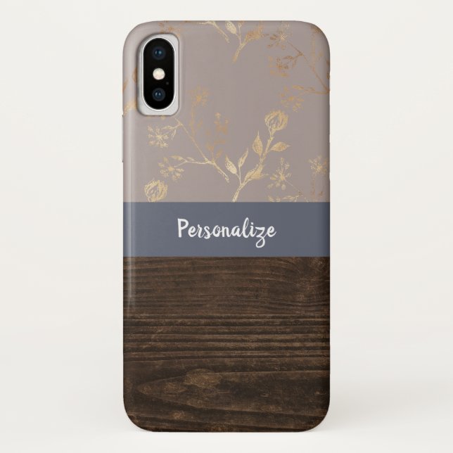 Rustic Elegance Dark Wood and Gold Floral and Name Case-Mate iPhone Case (Back)