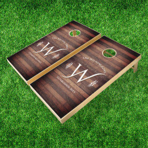 Rustic Elegance Dark Wood Monogram Wedding Cornhole Set