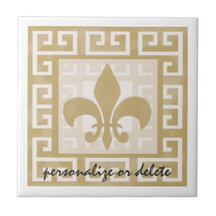 Rustic Elegance Fleur de Lis Greek Key Pattern Tile