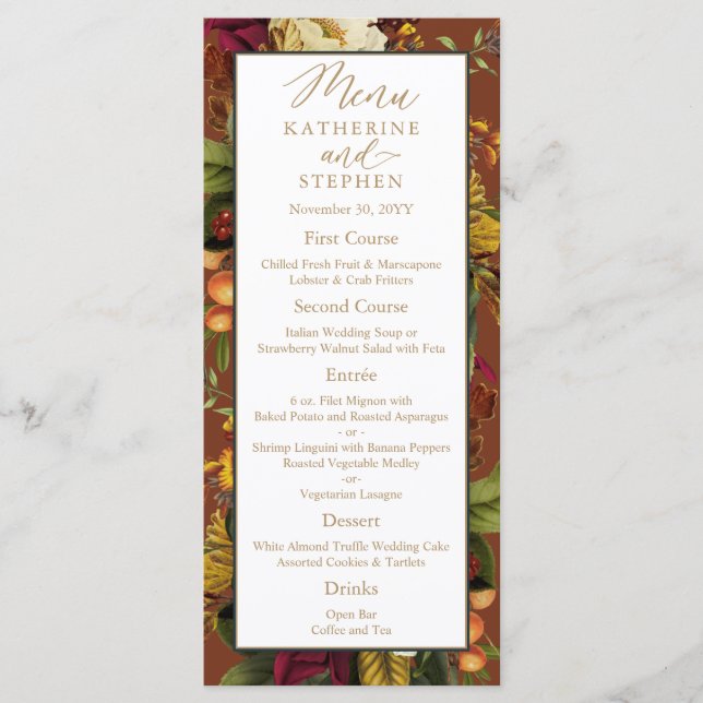 Rustic Elegance Floral Bouquet Wedding Reception   Menu (Front)