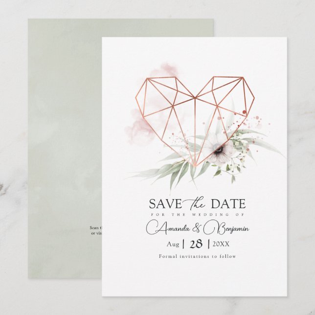 Rustic Elegance Geometric Heart QR Code Save The Date (Front/Back)