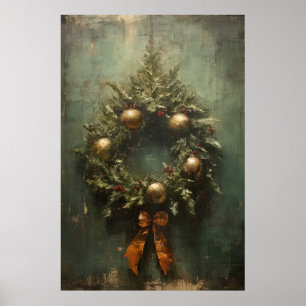 Rustic Elegance Green and Gold Christmas Wreath Poster