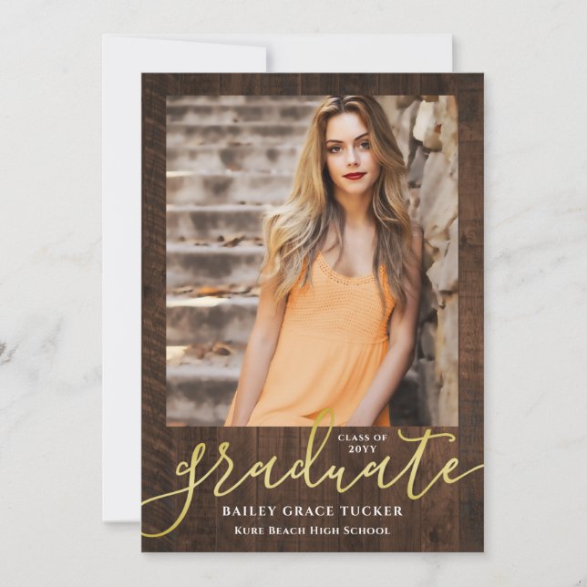 Rustic Elegance Modern Script 2-Photo Graduation Announcement (Front)