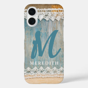 Rustic Elegance Monogram Burlap Lace Barnwood iPhone 16 Case
