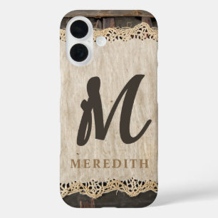 Rustic Elegance Monogram Burlap Lace Barnwood iPhone 16 Case