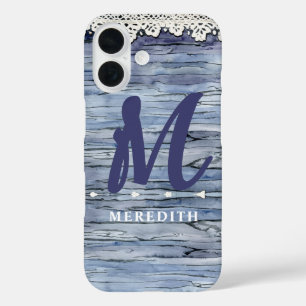Rustic Elegance Monogram Lace Watercolor Barnwood iPhone 16 Case
