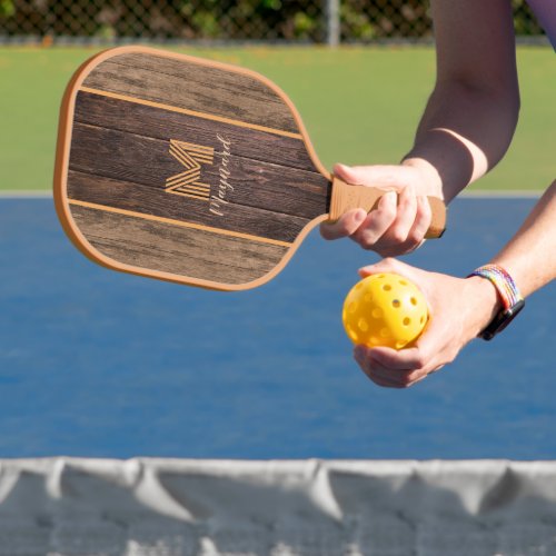 Rustic Elegance Monogram Wood Texture Pickleball Paddle