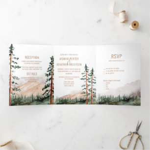 Rustic Elegance Mountains Forest Pine Spruce Trees Tri-Fold Invitation