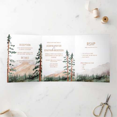 Rustic Elegance Mountains Forest Pine Spruce Trees Tri_Fold Invitation