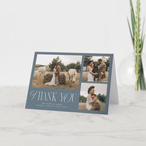 Rustic Elegance Multi Photo Wedding Slate Blue Thank You Card