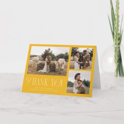 Rustic Elegance Multi Photo Wedding Yellow Thank You Card