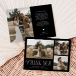 Rustic Elegance Photo Collage Wedding Black Thank You Card<br><div class="desc">Rustic and elegant wedding thank you card featuring a typography text that says "thank you" in a font that is mixed with script and serif fonts. This template has 3 pictures on the front and 1 on the back. The background color is black.</div>