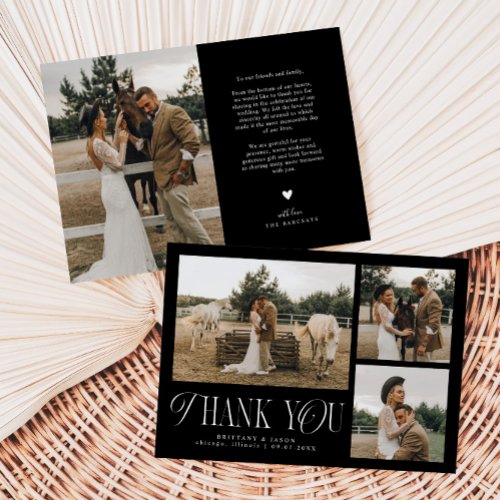 Rustic Elegance Photo Collage Wedding Black Thank You Card