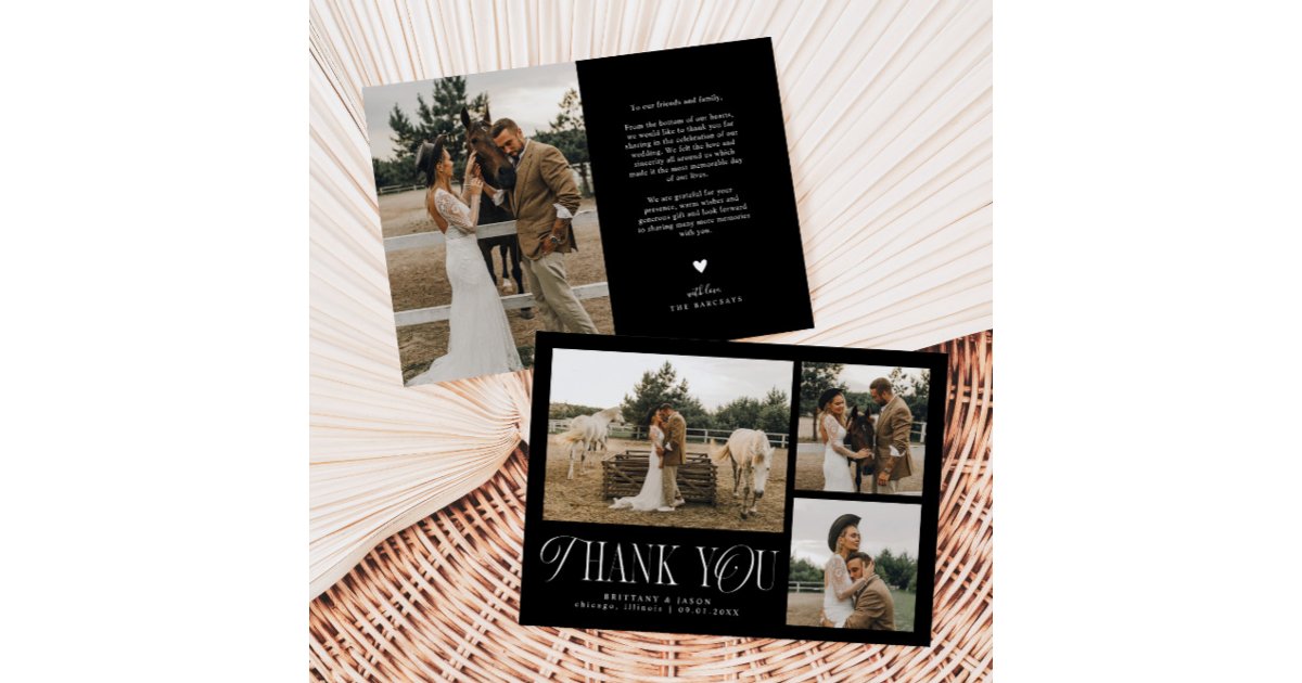 Rustic Elegance Photo Collage Wedding Black Thank You Card | Zazzle
