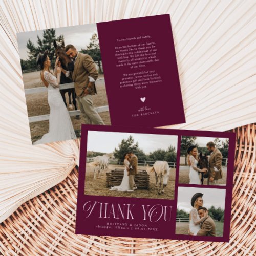 Rustic Elegance Photo Collage Wedding Cranbery Thank You Card