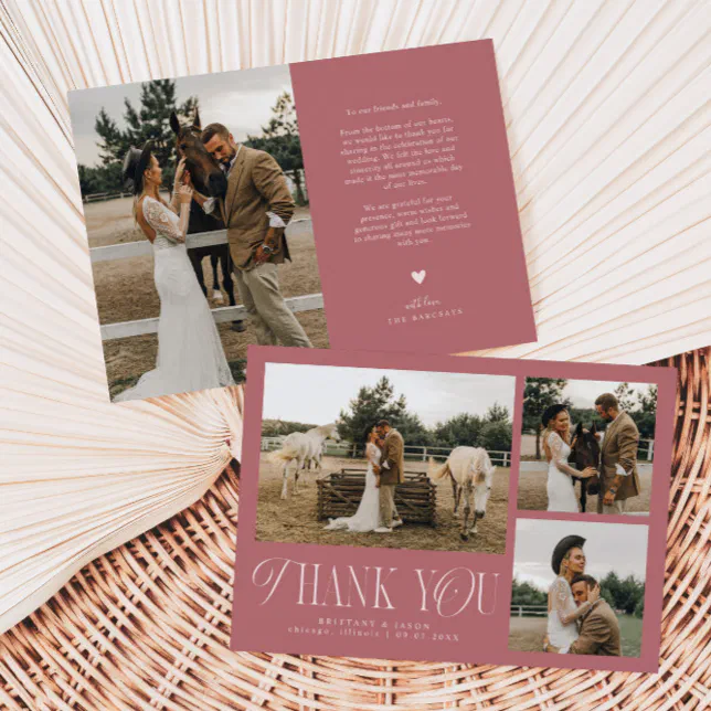 Rustic Elegance Photo Collage Wedding Dusty Pink Thank You Card | Zazzle