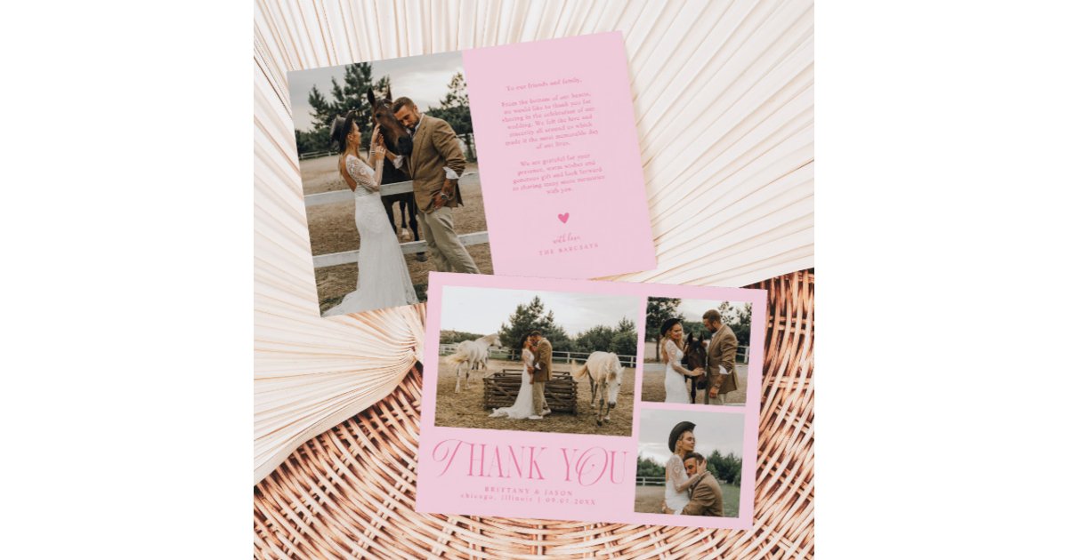 Rustic Elegance Photo Collage Wedding Pink Thank You Card | Zazzle