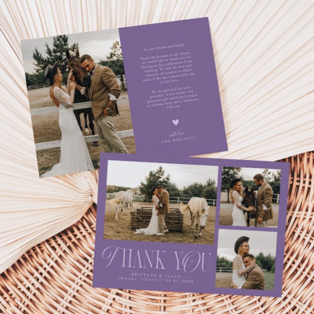 Rustic Elegance Photo Collage Wedding Purple Thank You Card (Creator Uploaded)