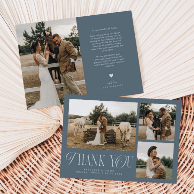 Rustic Elegance Photo Collage Wedding Steel Blue Thank You Card (Creator Uploaded)