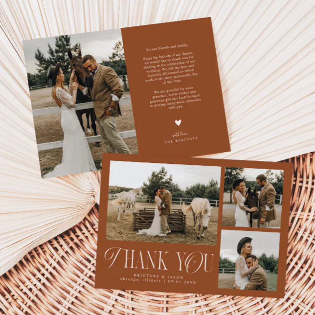 Rustic Elegance Photo Collage Wedding Terracotta Thank You Card | Zazzle