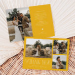 Rustic Elegance Photo Collage Wedding Yellow Thank You Card<br><div class="desc">Rustic and elegant wedding thank you card featuring a typography text that says "thank you" in a font that is mixed with script and serif fonts. This template has 3 pictures on the front and 1 on the back. The background color is yellow.</div>