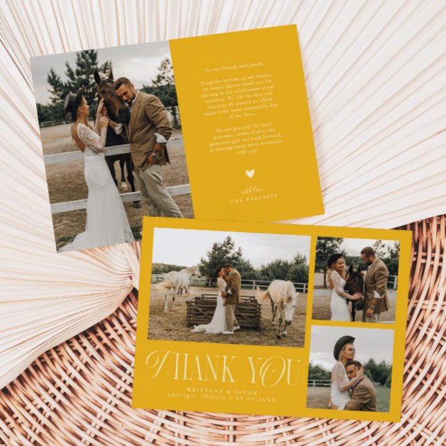 Rustic Elegance Photo Collage Wedding Yellow Thank You Card (Creator Uploaded)