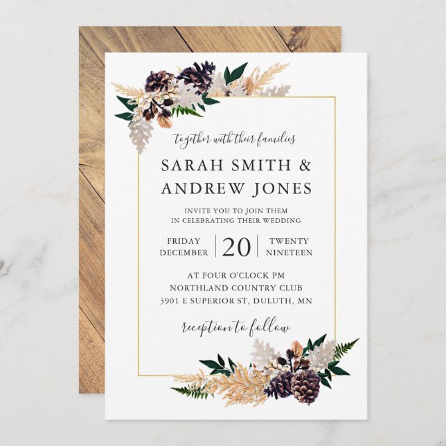 Rustic Elegance Pine Cone, Fern and Greenery Invitation (Front/Back)