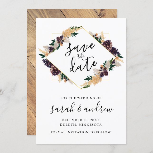 Rustic Elegance Pine Cone Greenery Save the Date (Front/Back)