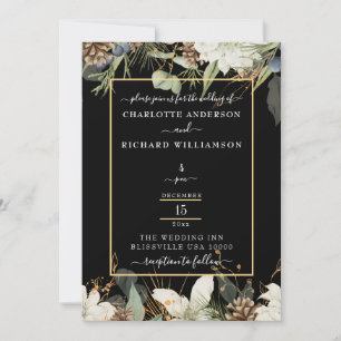 Rustic Elegance, Pinecone Border on Black Invitation