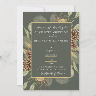 Rustic Elegance, Pinecone Frame on Moss Green Invitation