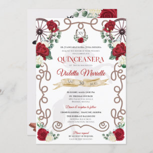 Rustic Elegance Red Rose Floral Charra Quinceañera Invitation