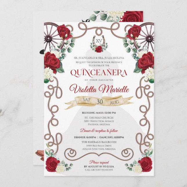 Rustic Elegance Red Rose Floral Charro Quinceanera Invitation (Front/Back)