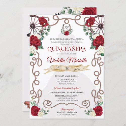 Rustic Elegance Red Rose Floral Charro Quinceanera Invitation