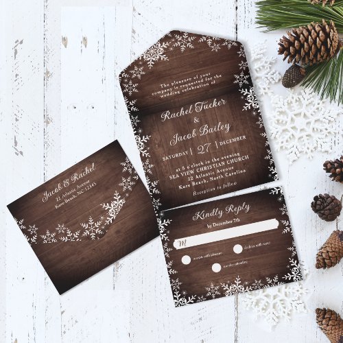 Rustic Elegance Snowflakes Wood Christmas Wedding All In One Invitation