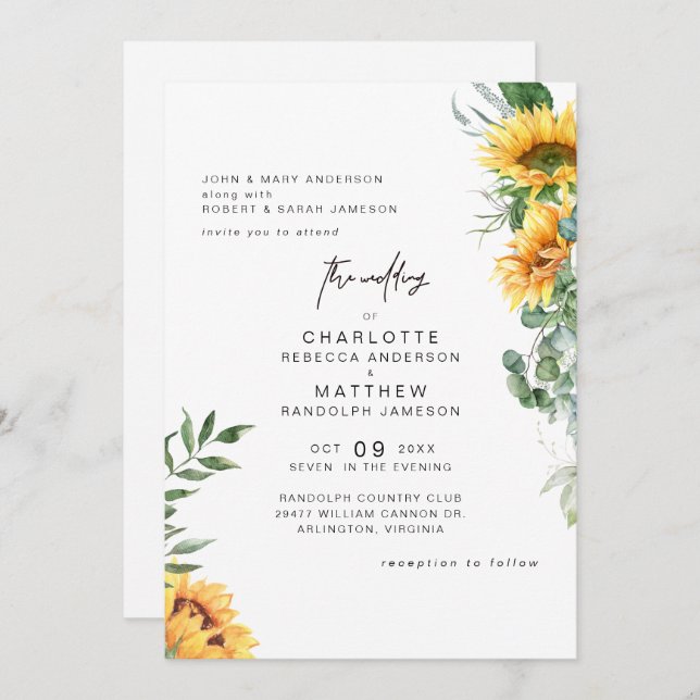 Rustic Elegance Sunflowers in Bloom Wedding Invitation (Front/Back)
