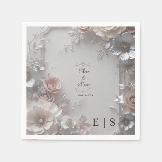 Rustic Elegant 3D Floral Wedding Paper Napkin (Front)
