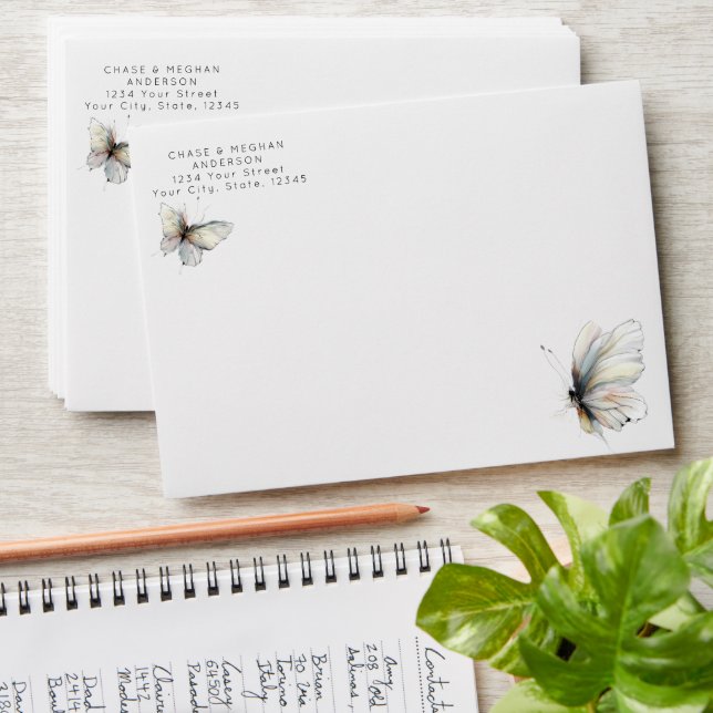 Rustic Elegant Abstract Ink Pastel Butterflies Envelope (Stacked)