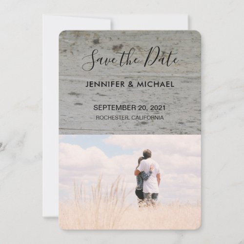 Rustic elegant barn wood photo Save The Date