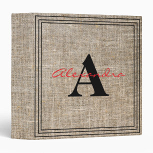 Rustic Elegant Beige Modern Monogram Script Linen 3 Ring Binder