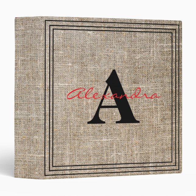 Rustic Elegant Beige Modern Monogram Script Linen 3 Ring Binder (Front/Spine)