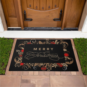 Rustic & Elegant Black Merry Christmas Calligraphy Doormat