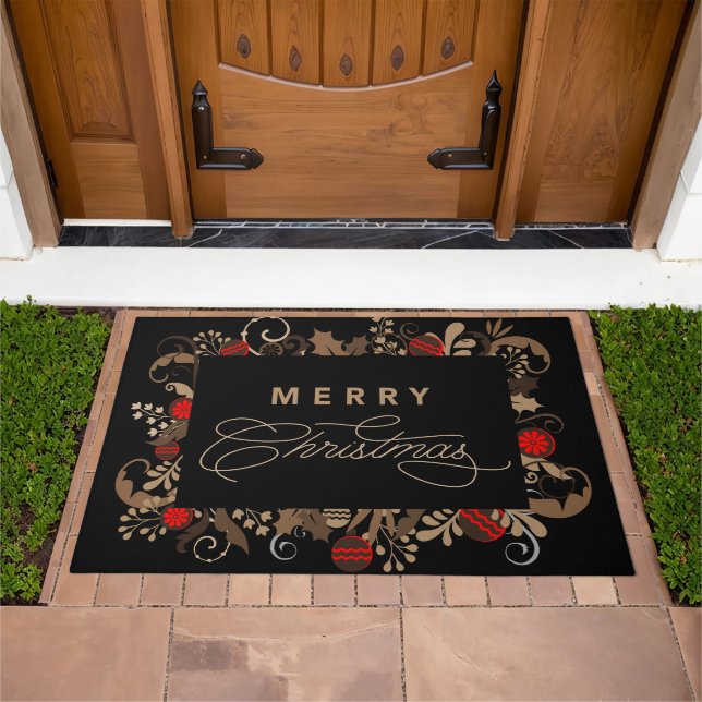 Rustic & Elegant Black Merry Christmas Calligraphy Doormat (Outdoor)